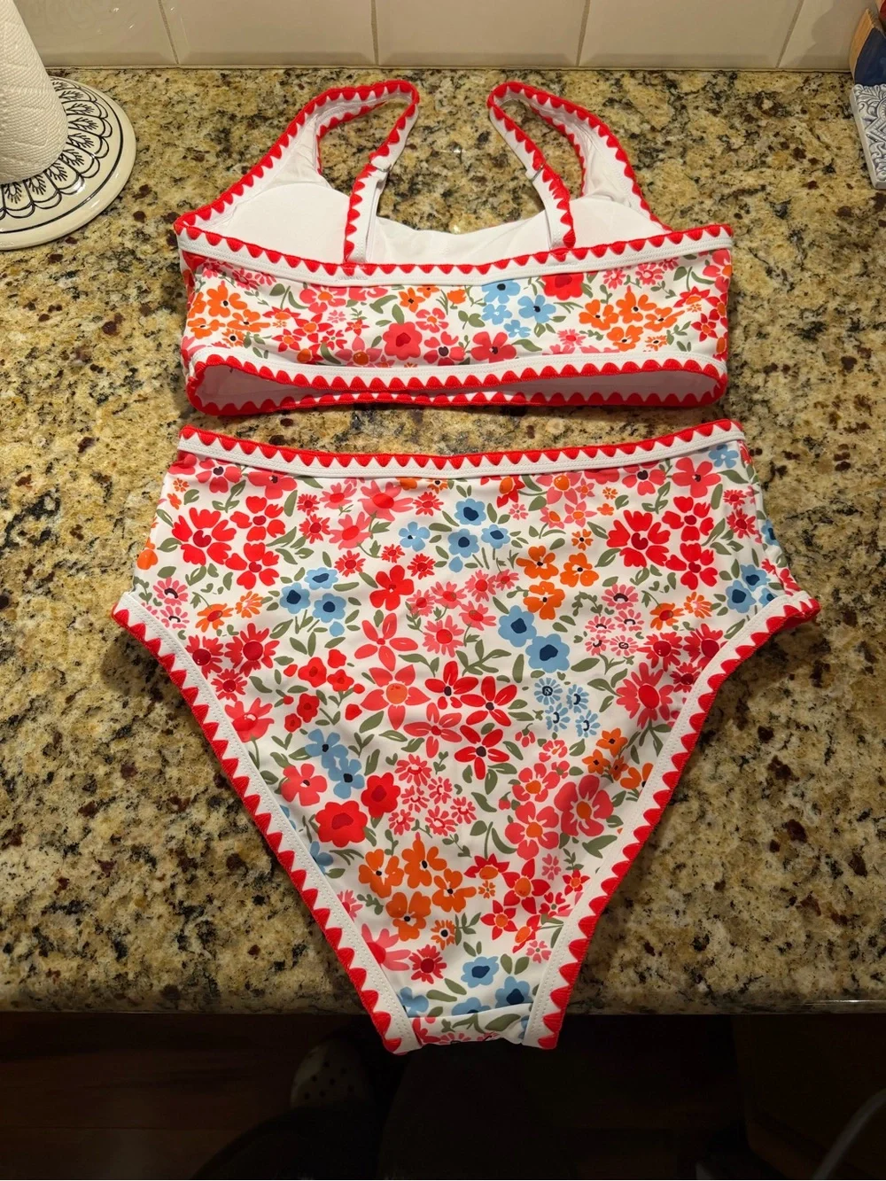 Floral Cottagecore High-Waist Bikini Set with Red Trim NWOT | size Medium
